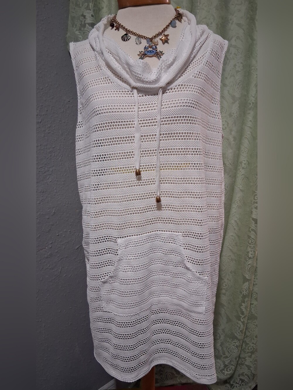 Dakini White Crochet Knit Swim Coverup with Cowl Neck